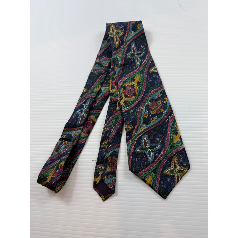 Emoda Italy Mens Navy Blue Multicolor Paisley Floral Silk Necktie Classic Tie